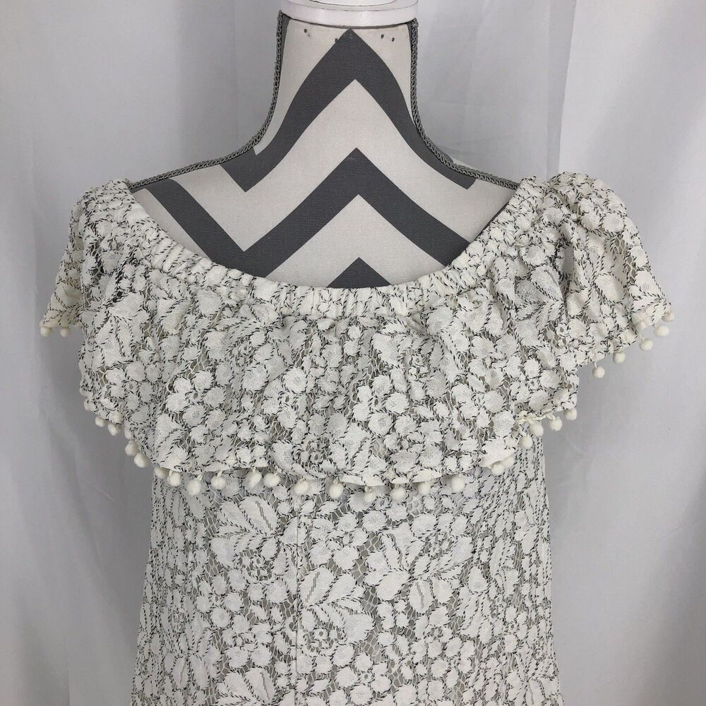 White Black Floral Lace Elastic Off Shoulder Ball Tassel Lined Mini Dress Small